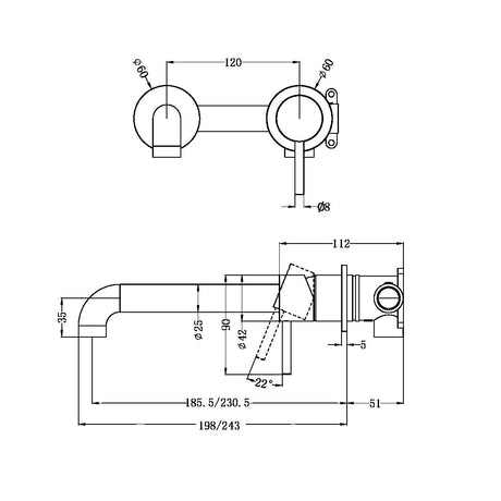 Zen Ss316l Wall Basin/Bath Mixer Separate Back Plate 230mm Spout Brushed Nickel