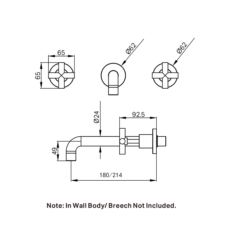 X Plus Wall Basin Set 180mm Brushed Gold