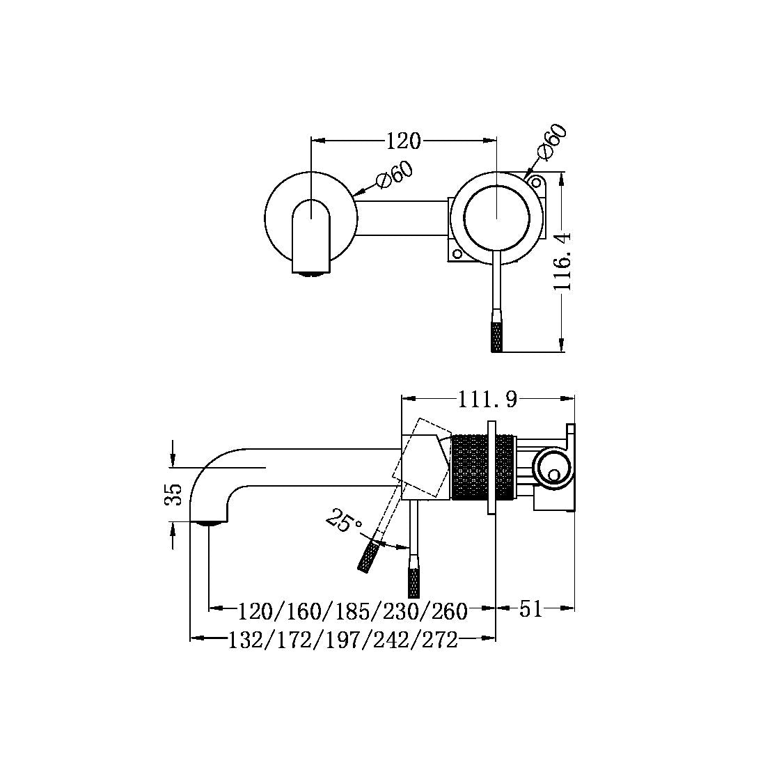 Opal Wall Basin/Bath Mixer Separate Back Plate 185mm Brushed Nickel