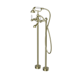 York Freestanding Bath Set With White Porcelain Hand Shower Aged Brass