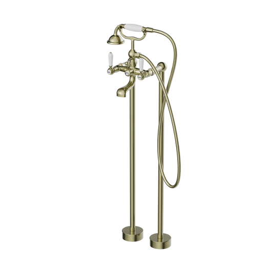 York Freestanding Bath Set With White Porcelain Hand Shower Aged Brass