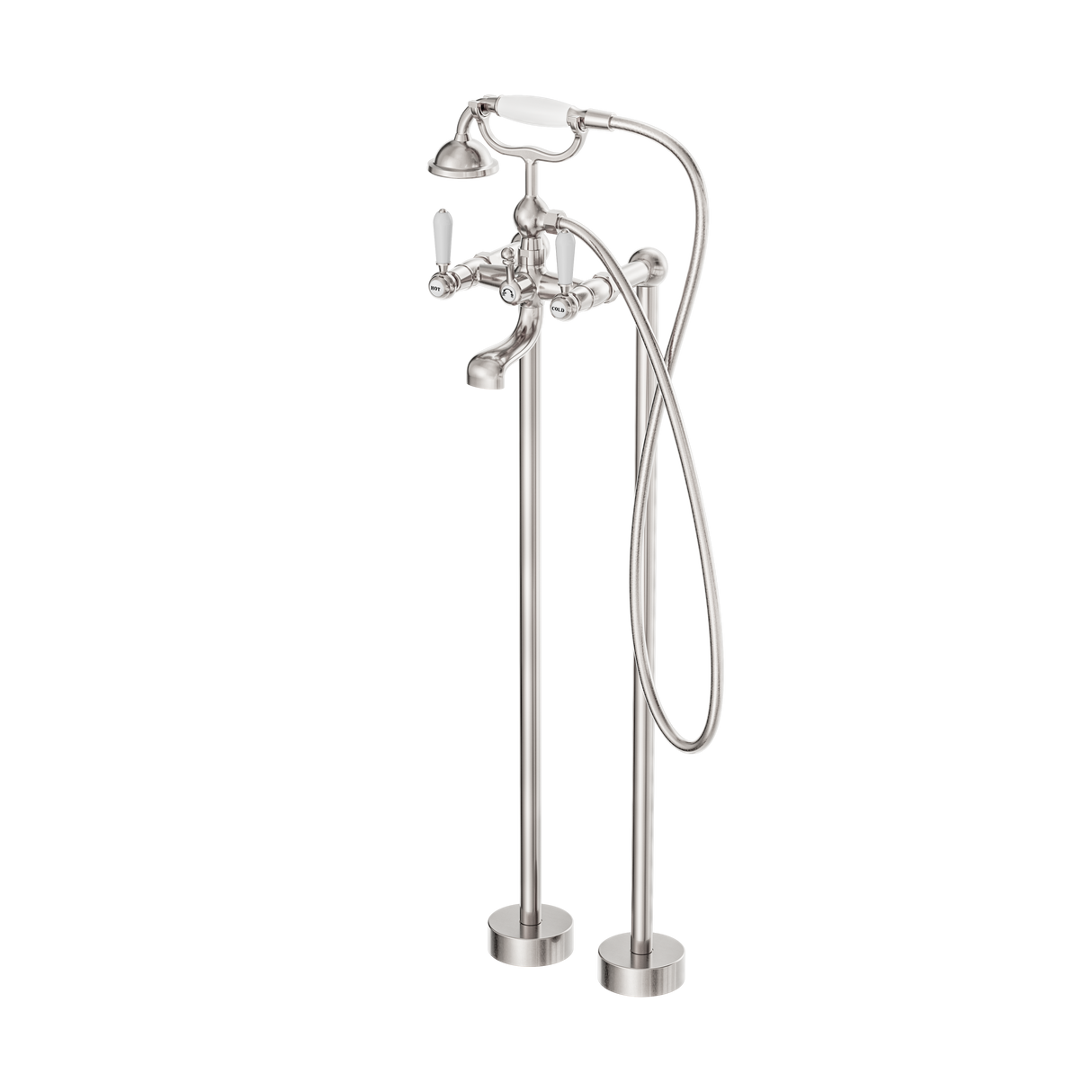 York Freestanding Bath Set With White Porcelain Hand Shower Brushed Nickel