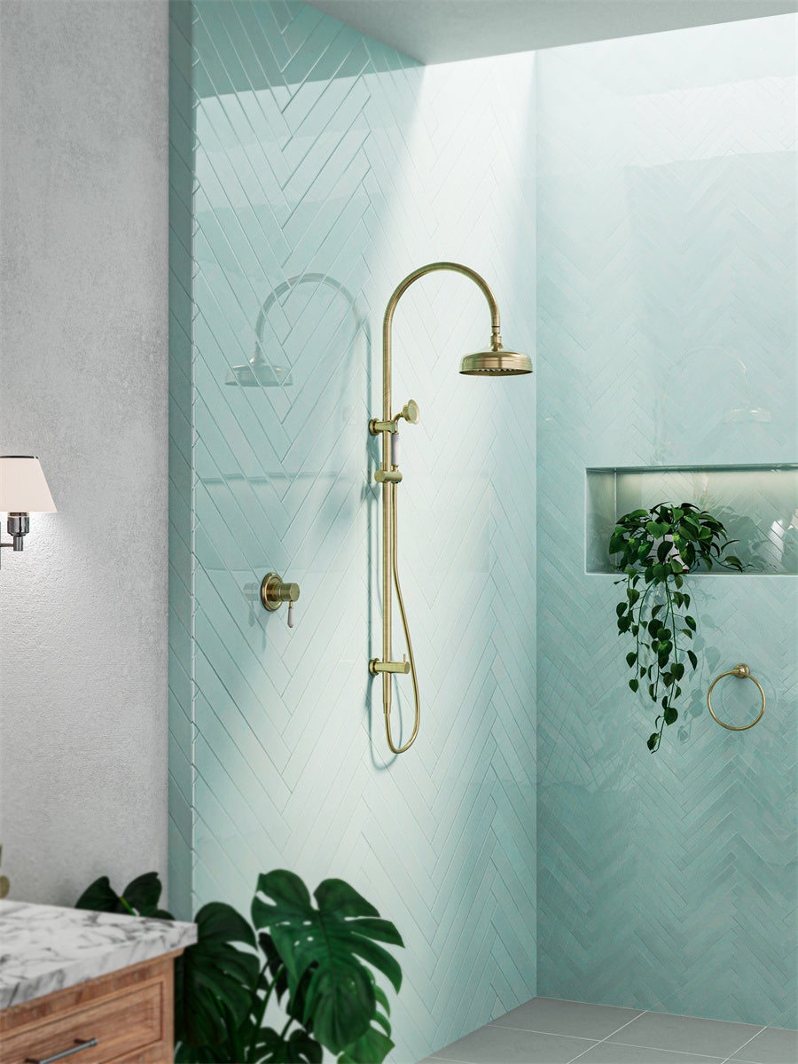 York Twin Shower With White Porcelain Hand Shower Aged Brass