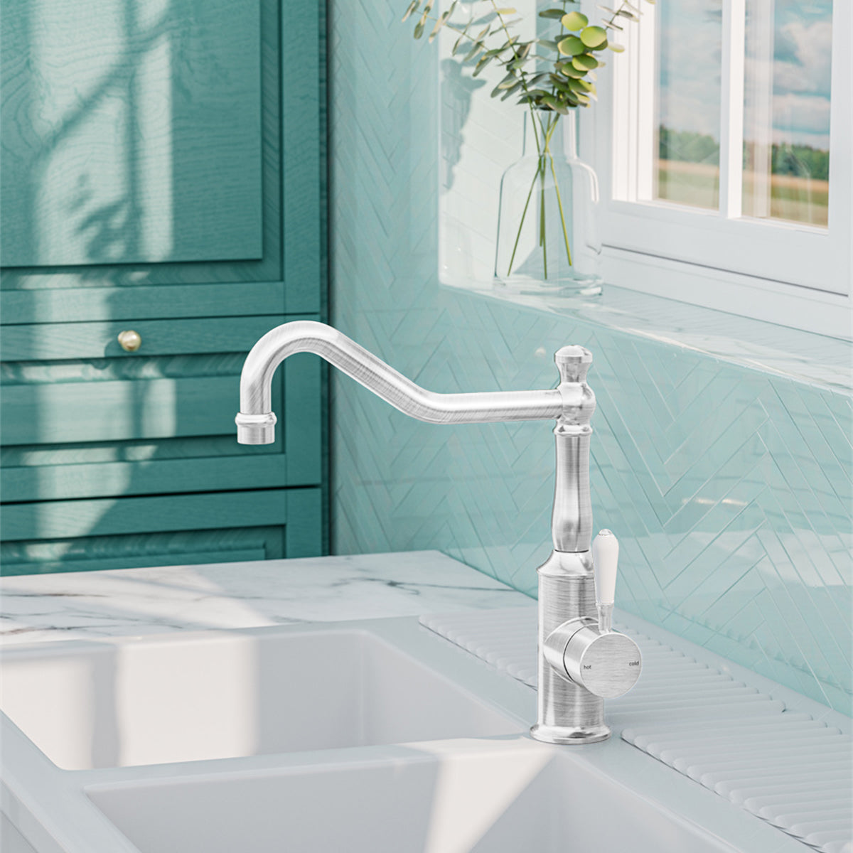 York Kitchen Mixer Hook Spout With White Porcelain Lever Brushed Nickel