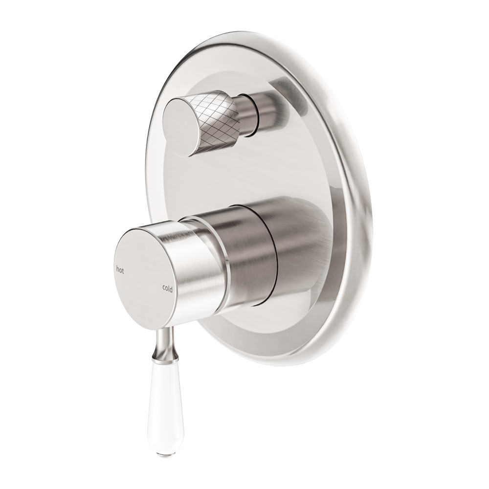 York Shower Mixer With Divertor With White Porcelain Lever Brushed Nickel