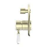 York Shower Mixer With Divertor With White Porcelain Lever Aged Brass