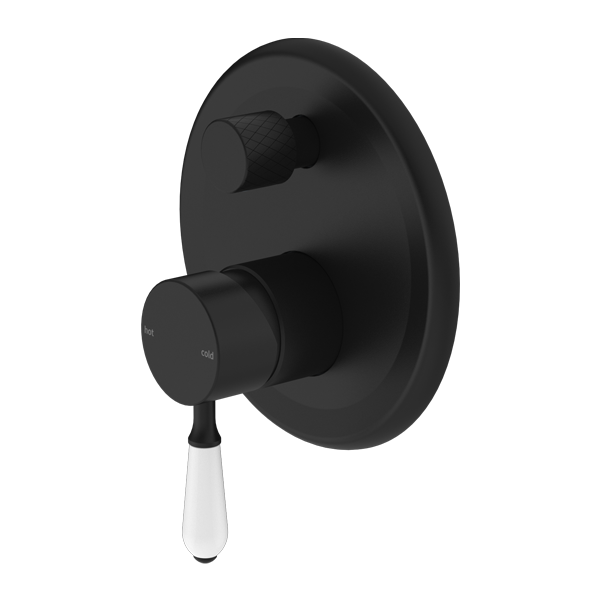 York Shower Mixer With Divertor With White Porcelain Lever Matte Black