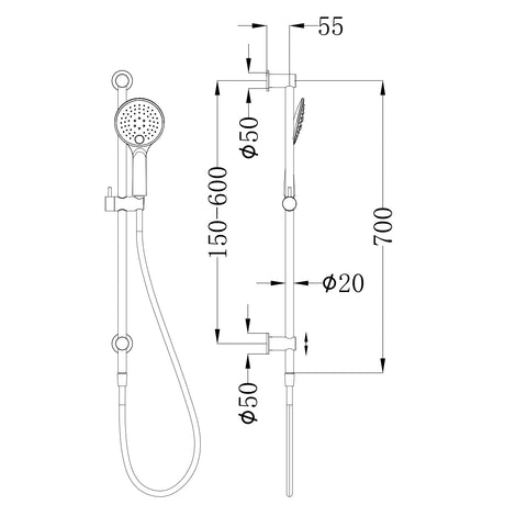 3 Function Shower Rail Brushed Gold - Top Water Inlet