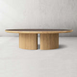 Astor Round Marble Top Coffee Table Wood Cocktail Table Reeded Oak Base Sofa Center Tea Table