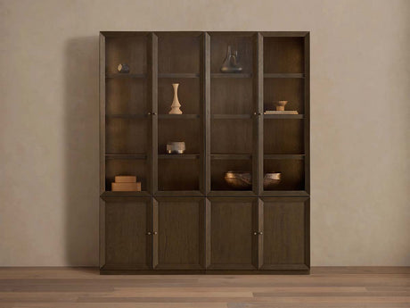 Nason Modular Glass Display Cabinets Oak Wood Tall Cabinets Large Bookcase with Integrated LED Lighting