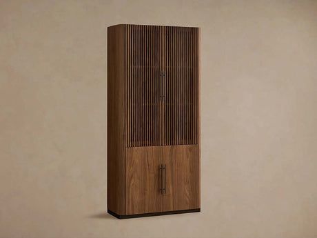 Piermont Modular Reeded Tall Display Cabinet Black Walnut Bookcase with Bronze Plinth Base