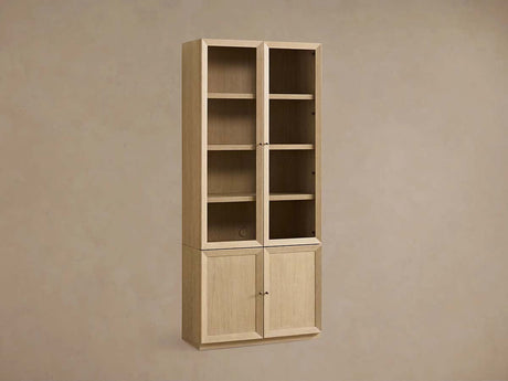 Nason Modular Glass Display Cabinets Oak Wood Tall Cabinets Large Bookcase with Integrated LED Lighting