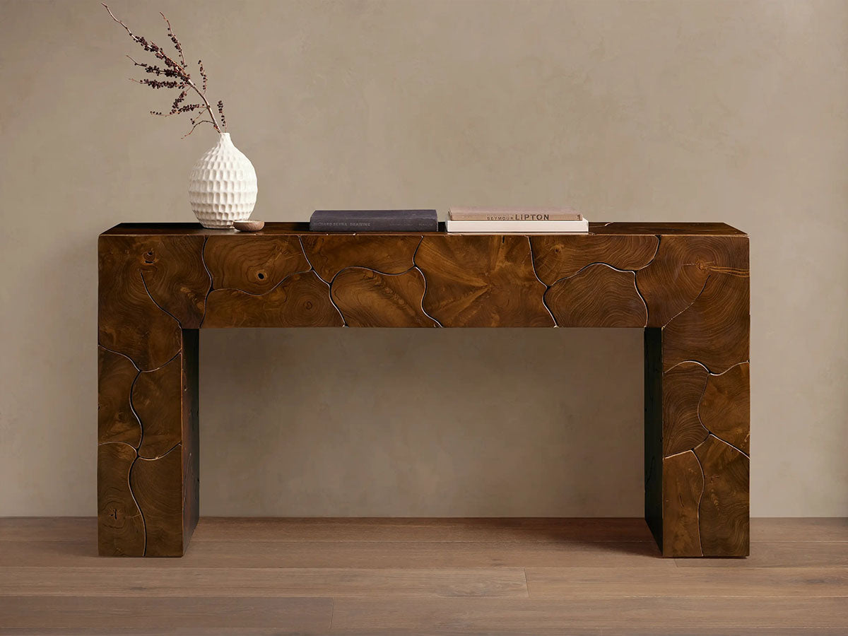 Kalmar Teak Entrance Console Table Hand-pieced Wood Hallway Entryway Table