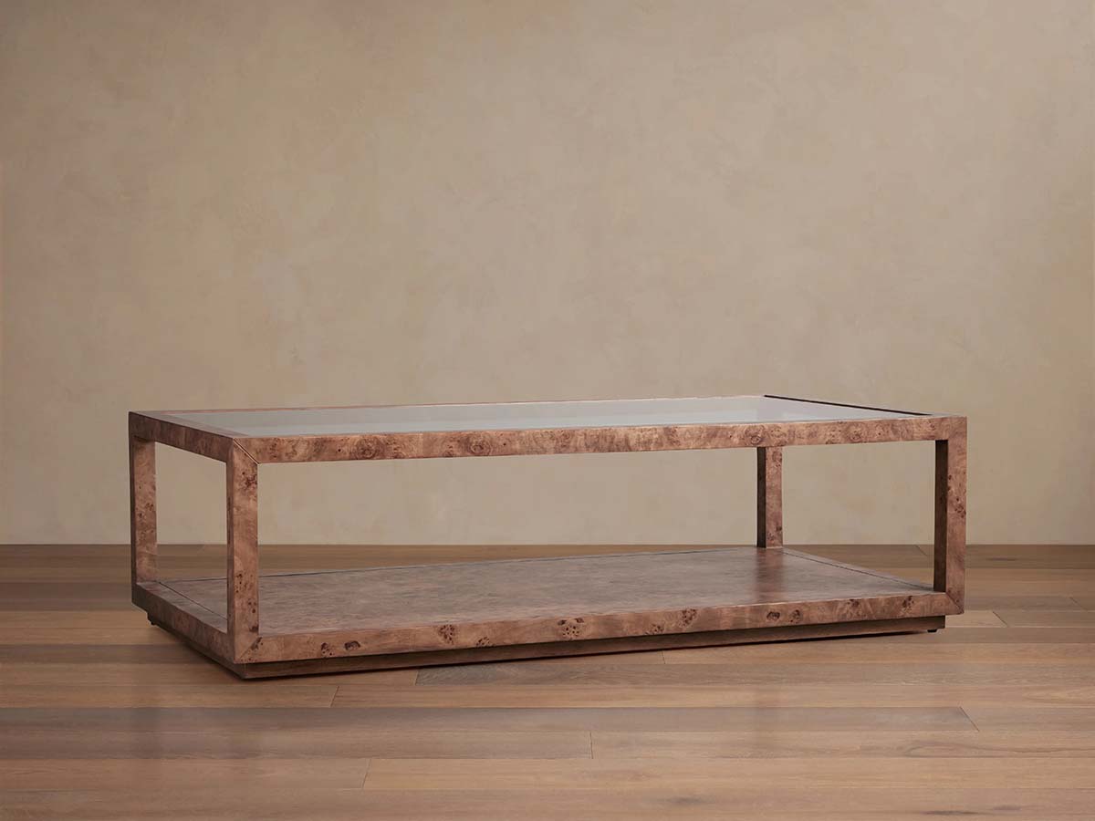 Corey Mappa Burl Wood Coffee Table Glass Tabletop Cocktail Table Rectangle Sofa Center Tea Table