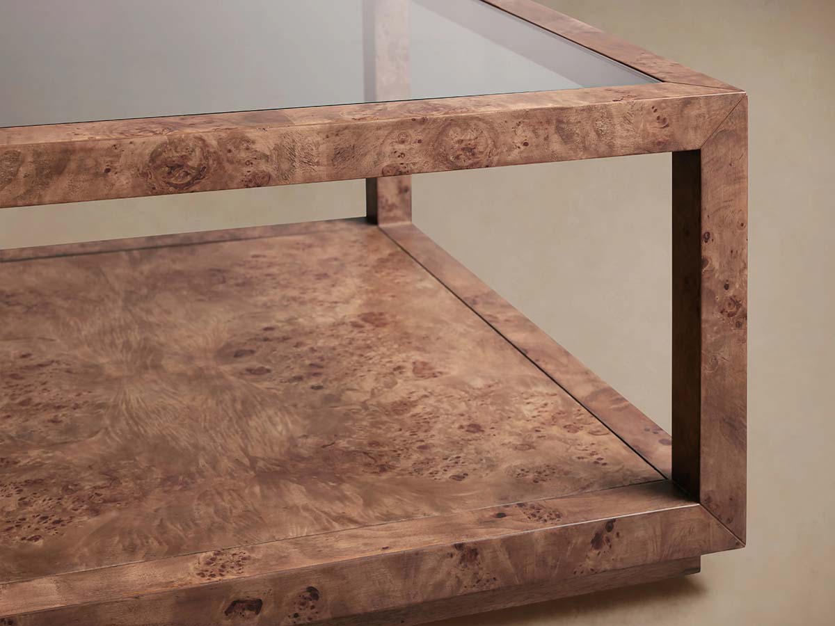 Corey Mappa Burl Wood Coffee Table Glass Tabletop Cocktail Table Rectangle Sofa Center Tea Table
