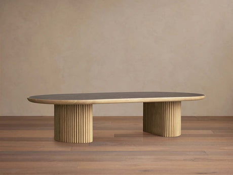 Astor Marble Top Coffee Table Oval Cocktail Table Wood Base Sofa Center Tea Table