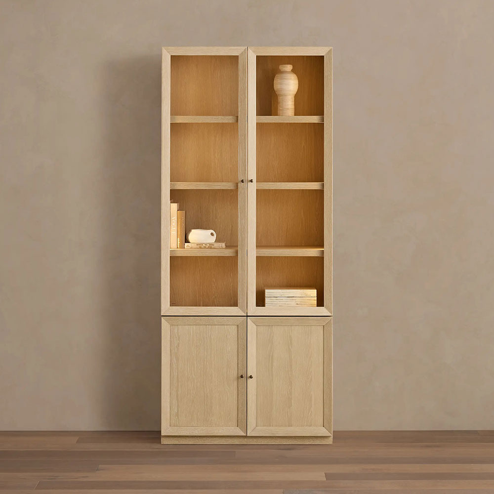Nason Modular Glass Display Cabinets Oak Wood Tall Cabinets Large Bookcase with Integrated LED Lighting