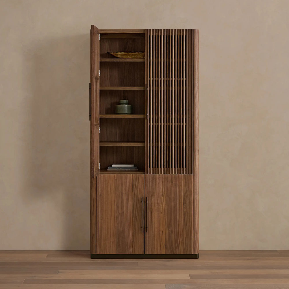 Piermont Modular Reeded Tall Display Cabinet Black Walnut Bookcase with Bronze Plinth Base