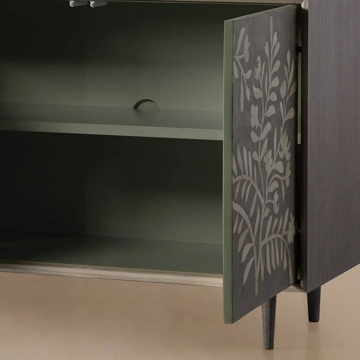 Divya Hand-Inlaid Bone Sideboard Oak Frame Buffet Table Jasmine Motif Living Room Entryways Cabinet