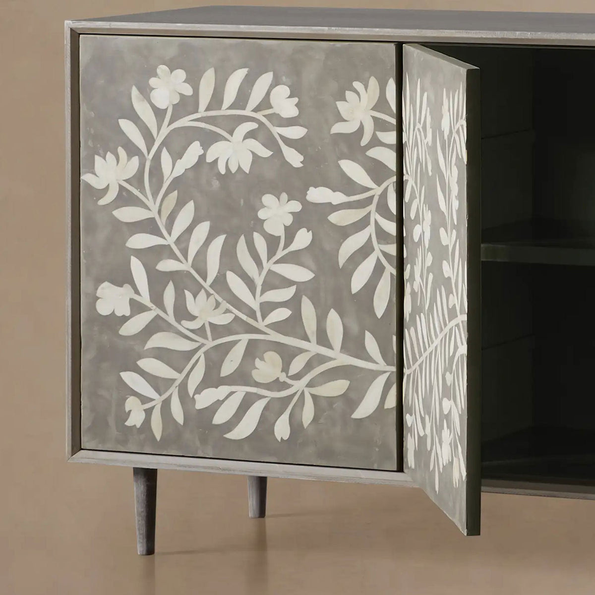 Divya Hand-Inlaid Bone Sideboard Oak Frame Buffet Table Jasmine Motif Living Room Entryways Cabinet